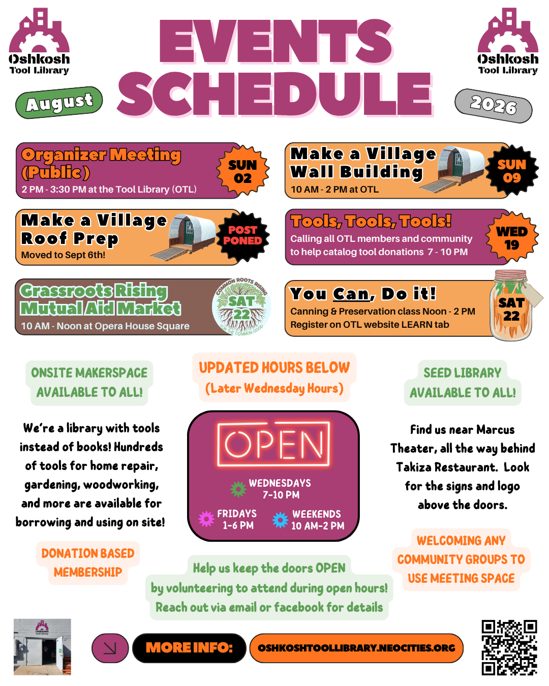 Poster of Oshkosh Tool Library August 2026 Events and Workshops